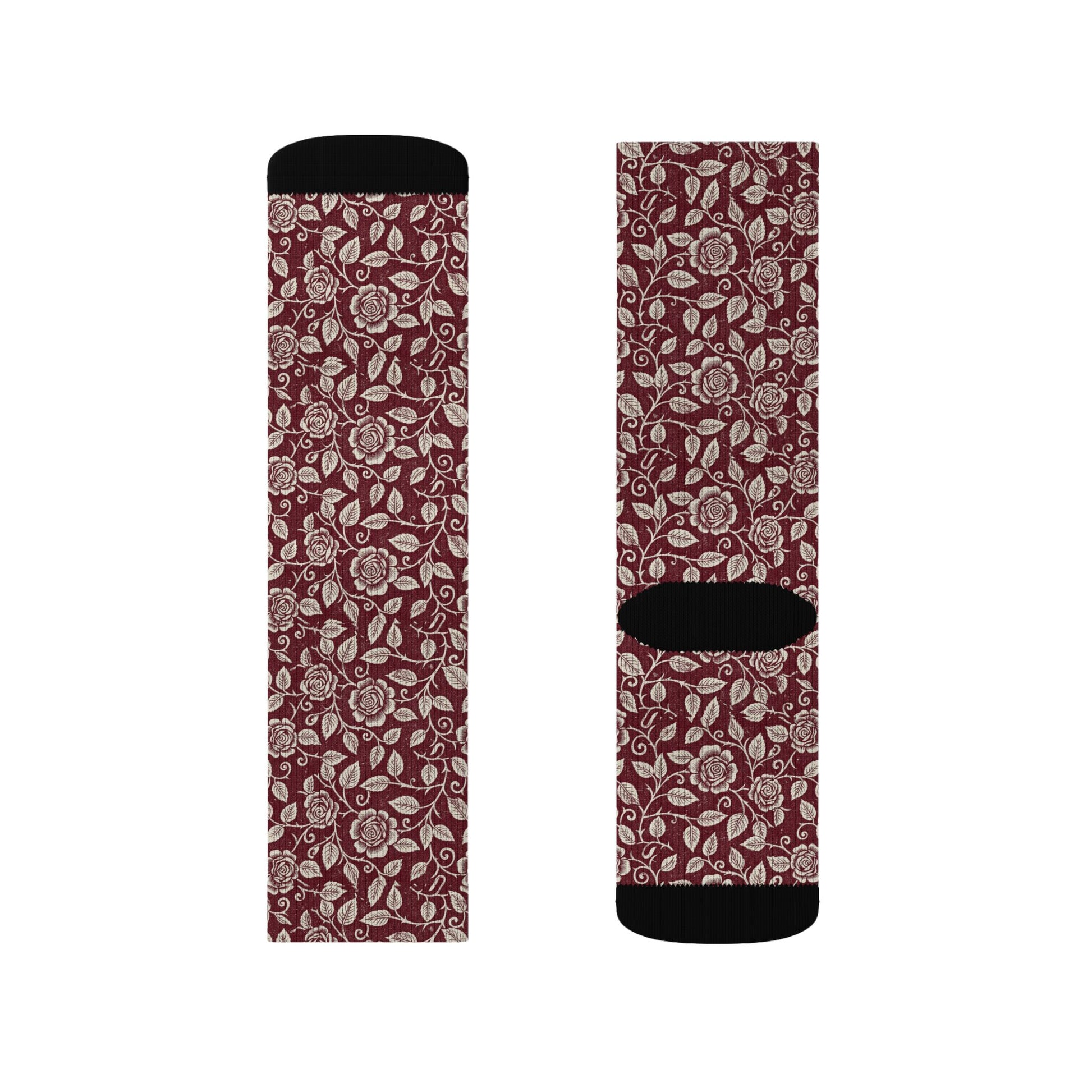 Vintage Floral Sublimation Socks — Burgundy Paisley Patterned Crew Socks Printify