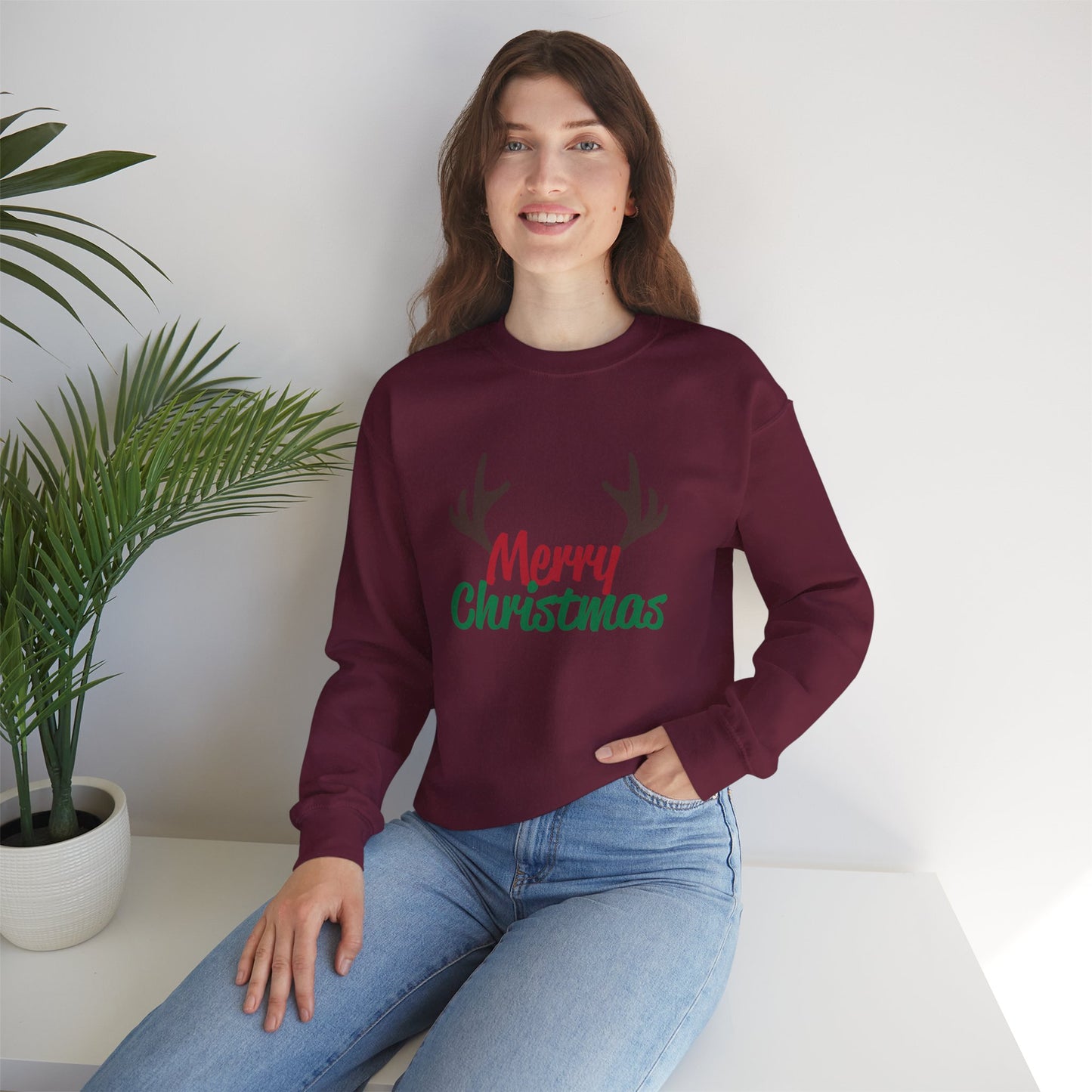Merry Christmas Reindeer Antlers Crewneck Sweatshirt Printify