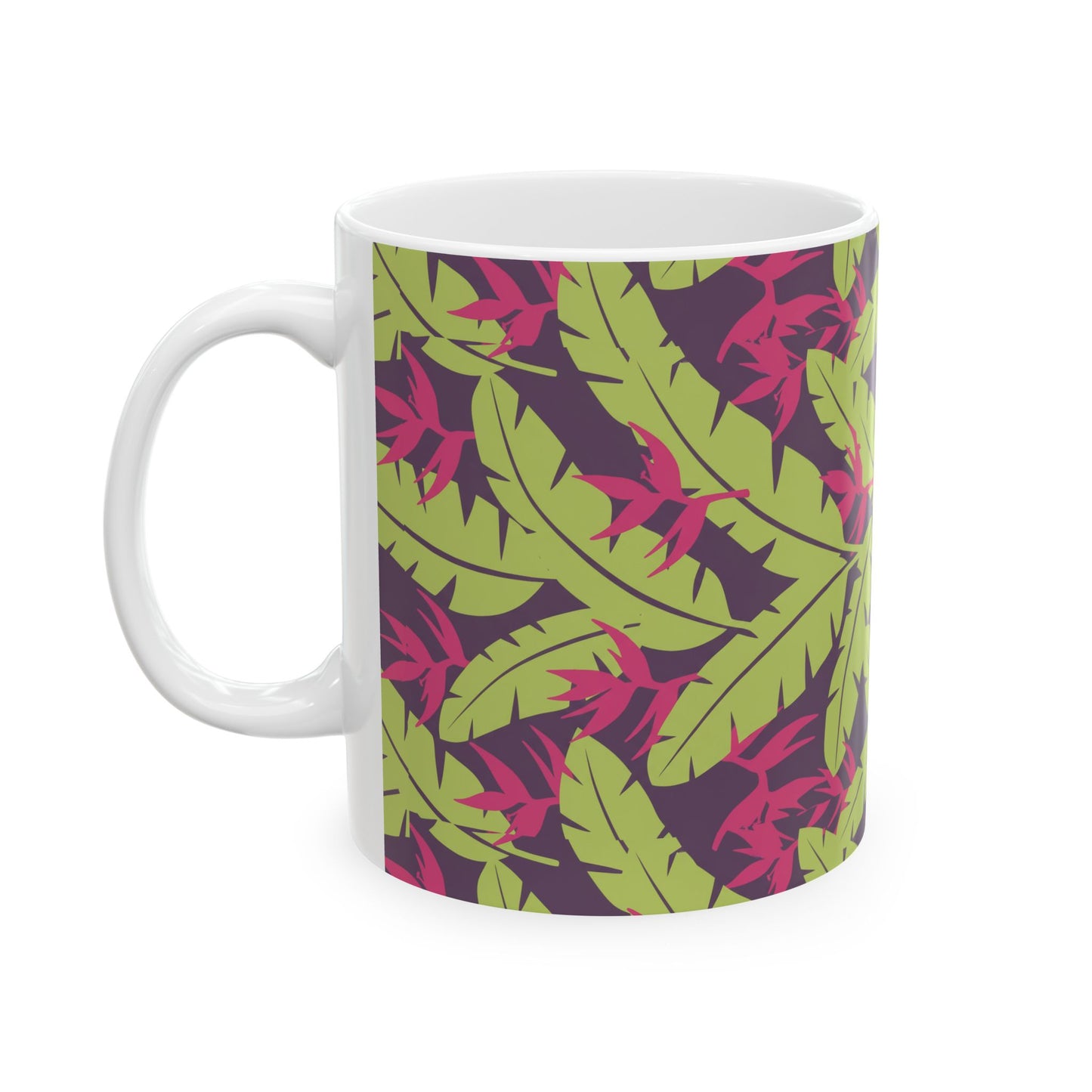 Tropical Leaf Pattern Ceramic Mug — Green & Pink Botanical Coffee Cup (11oz/15oz) Printify