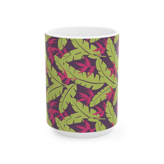 Tropical Leaf Pattern Ceramic Mug — Green & Pink Botanical Coffee Cup (11oz/15oz) Printify