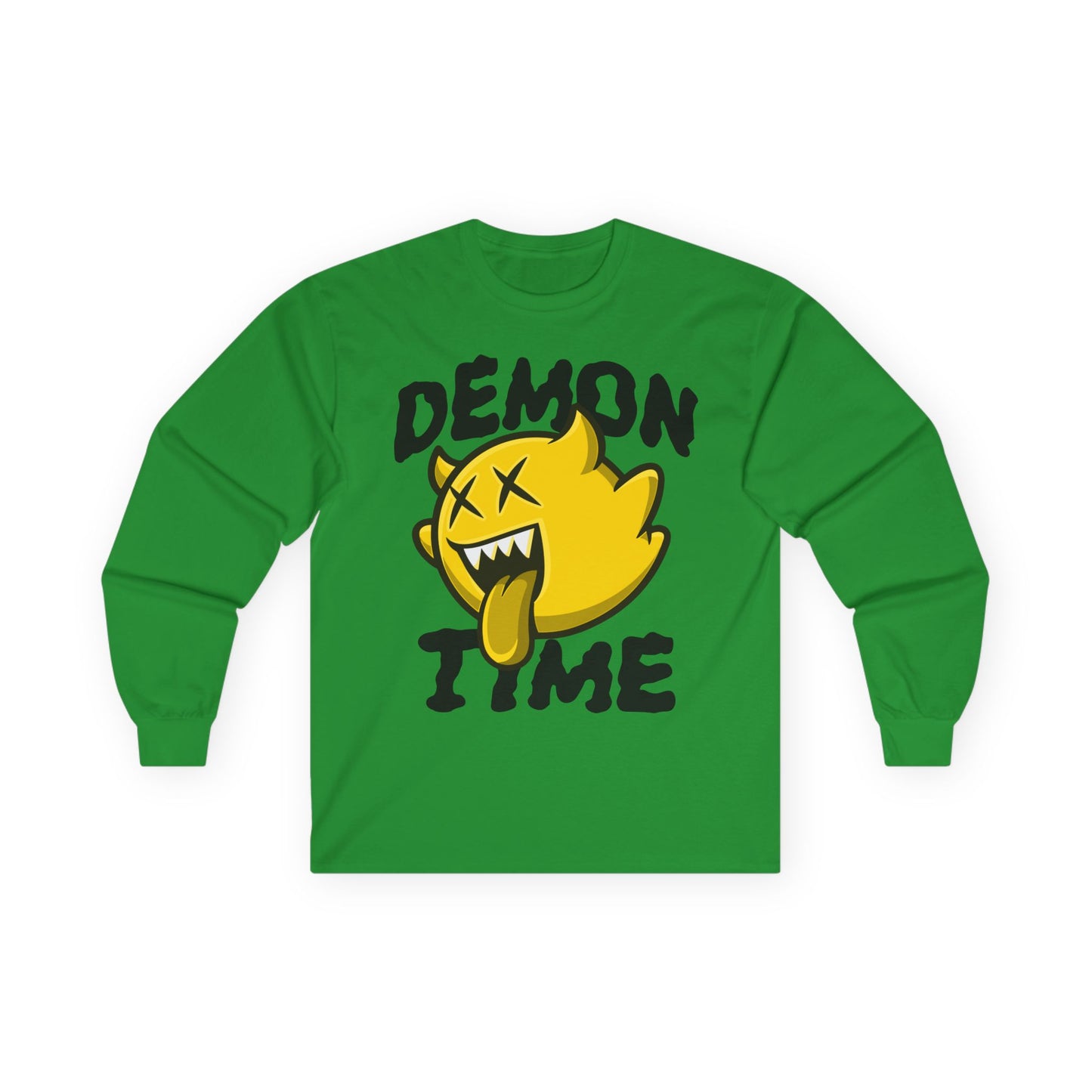 Long Sleeve Tee — "Demon Time" Yellow Cartoon Demon Graphic T-shirt Printify