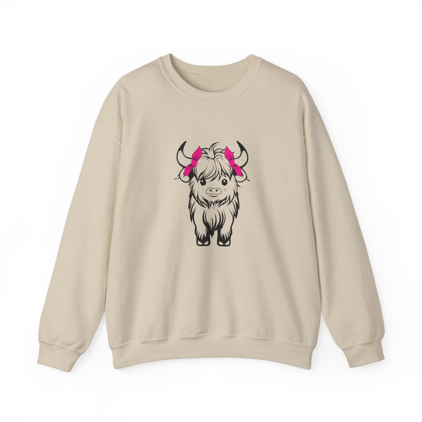 Highland Cow Crewneck Sweatshirt — Cute Yak Illustration with Pink Horns Printify