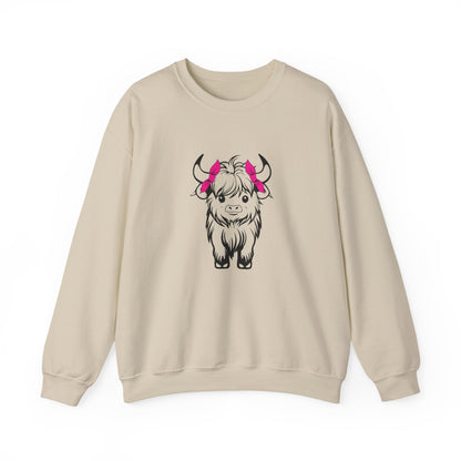 Highland Cow Crewneck Sweatshirt — Cute Yak Illustration with Pink Horns Printify