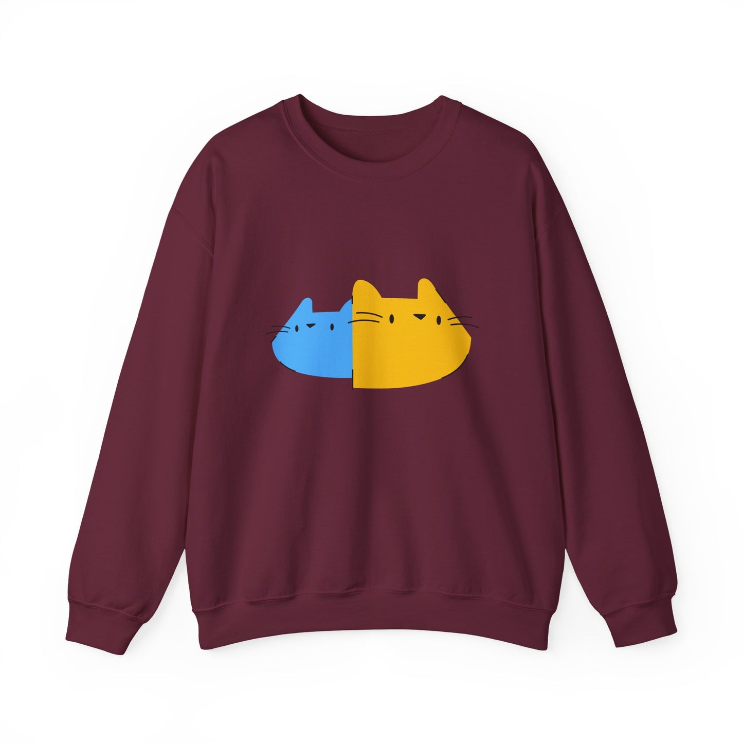Cat Split Face Crewneck Sweatshirt – Cute Blue & Yellow Cat Graphic Printify