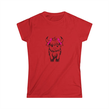 Highland Cow Tee — Cute Yak Illustration Women's T-Shirt with Pink Horn Bows Printify