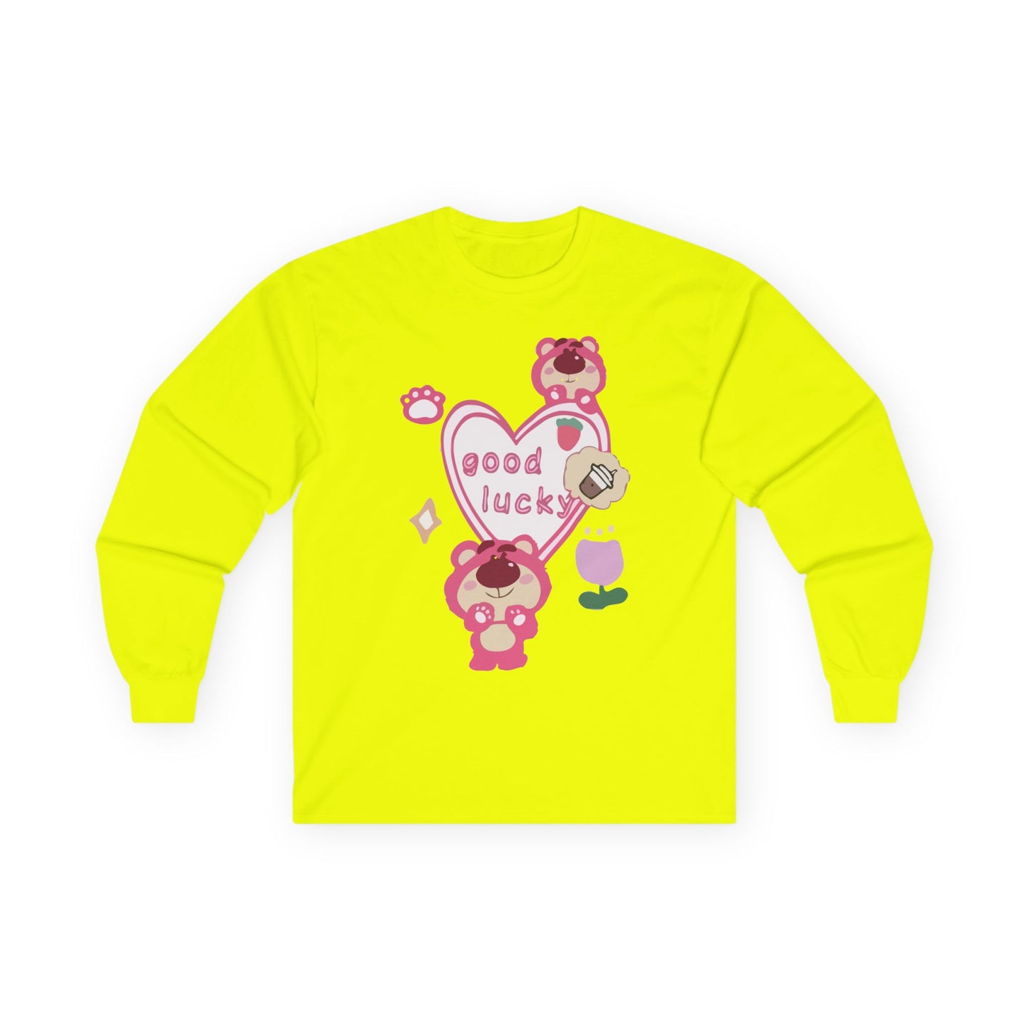 Good Lucky Heart Long Sleeve Tee — Cute Pink Bear Lucky Charm Shirt Printify