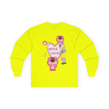 Good Lucky Heart Long Sleeve Tee — Cute Pink Bear Lucky Charm Shirt Printify