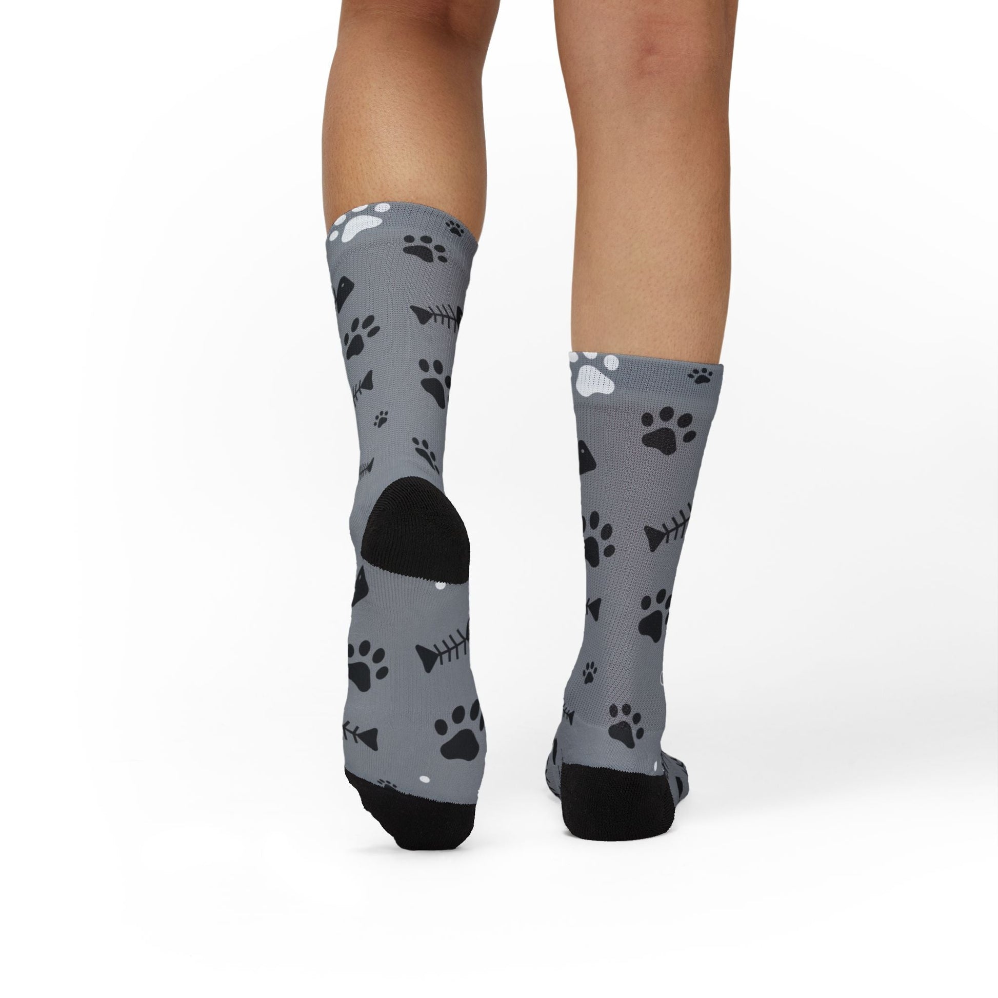 Grey Paw Print Socks — Cat & Dog Fishbone Pattern Sublimation Crew Socks Printify