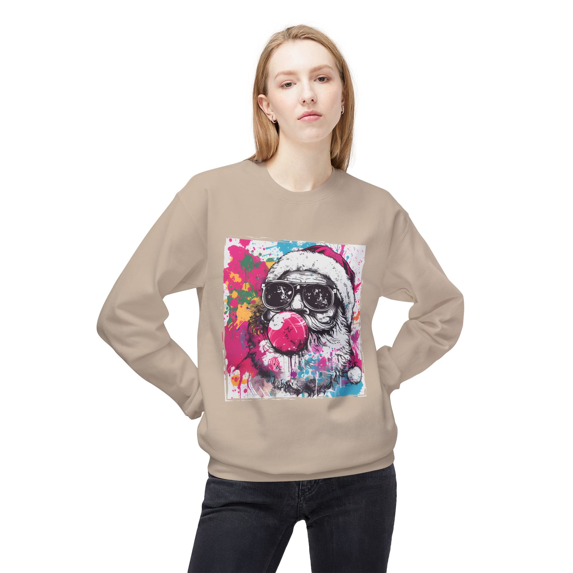 Skull Santa Bubblegum Sweatshirt – Colorful Holiday Graphic Crewneck Printify