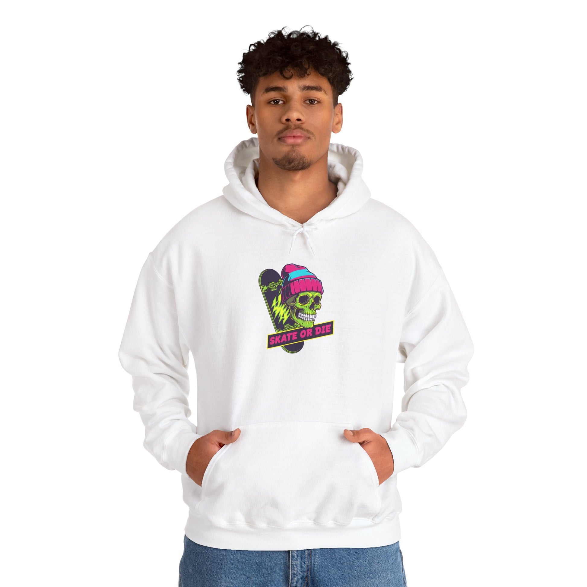 Skate or Die Skull Skateboard Hoodie — Neon Retro Skull Beanie Design Printify