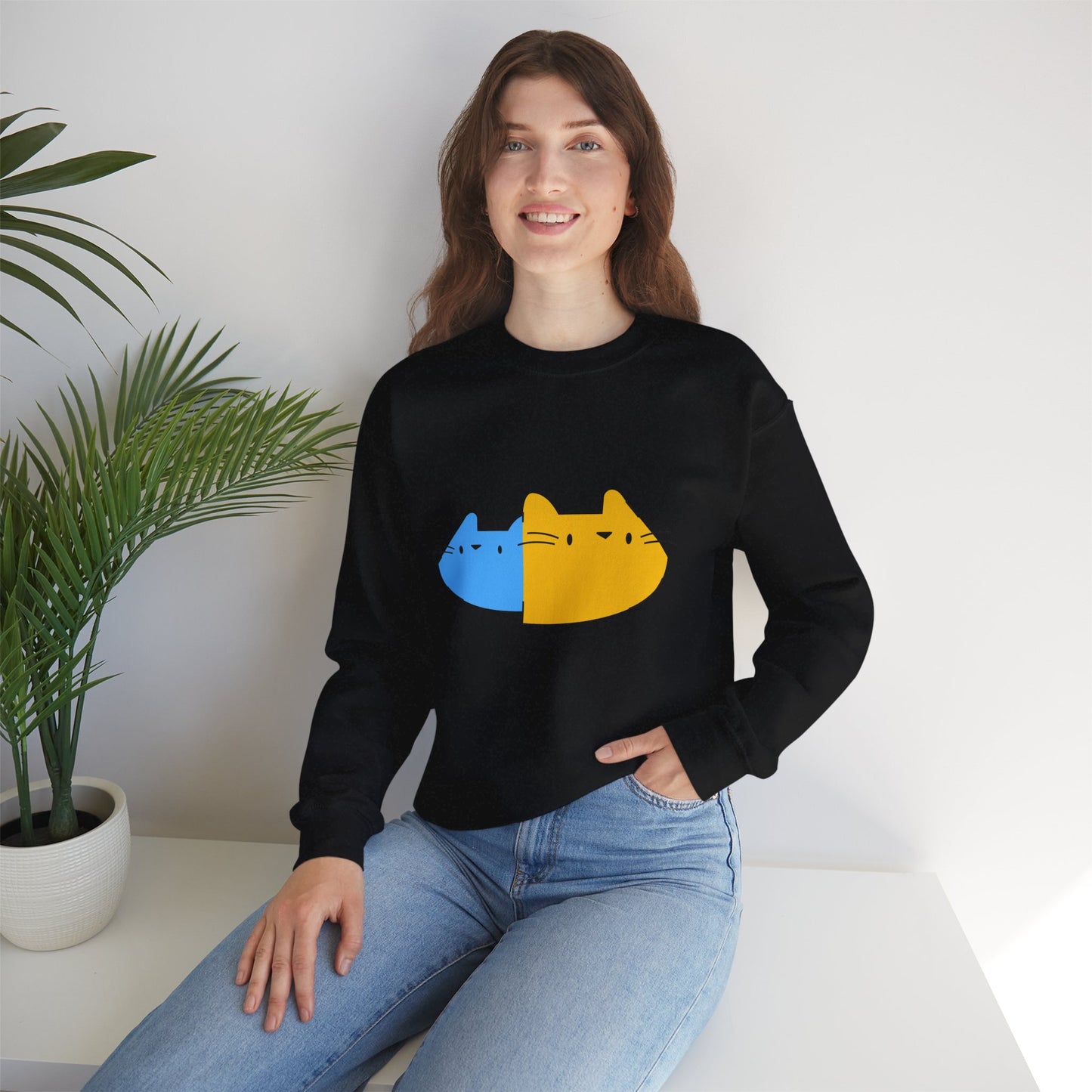 Cat Split Face Crewneck Sweatshirt – Cute Blue & Yellow Cat Graphic Printify