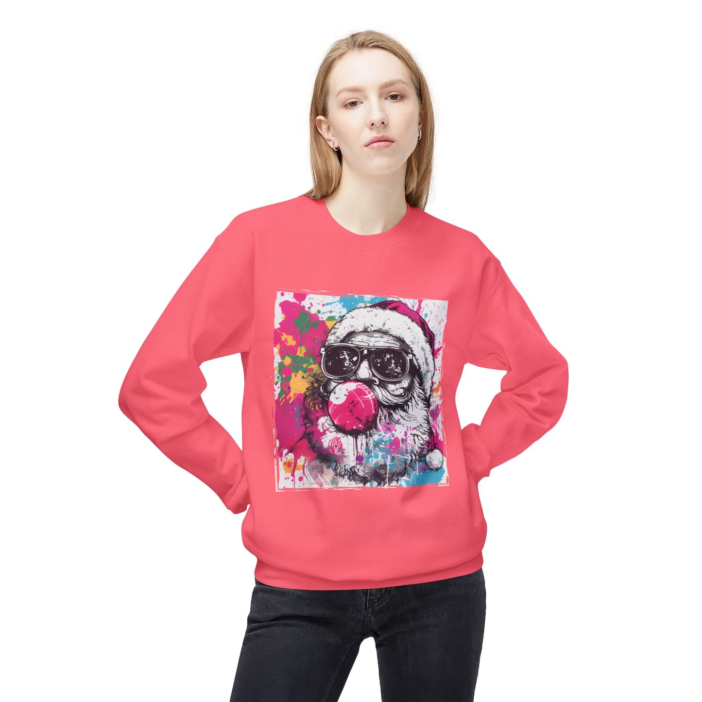Skull Santa Bubblegum Sweatshirt – Colorful Holiday Graphic Crewneck Printify