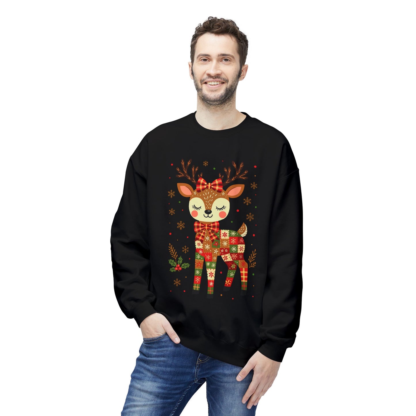 Christmas Patchwork Reindeer Sweatshirt Printify