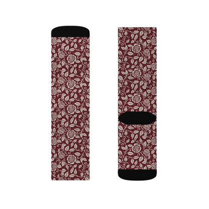 Vintage Floral Sublimation Socks — Burgundy Paisley Patterned Crew Socks Printify