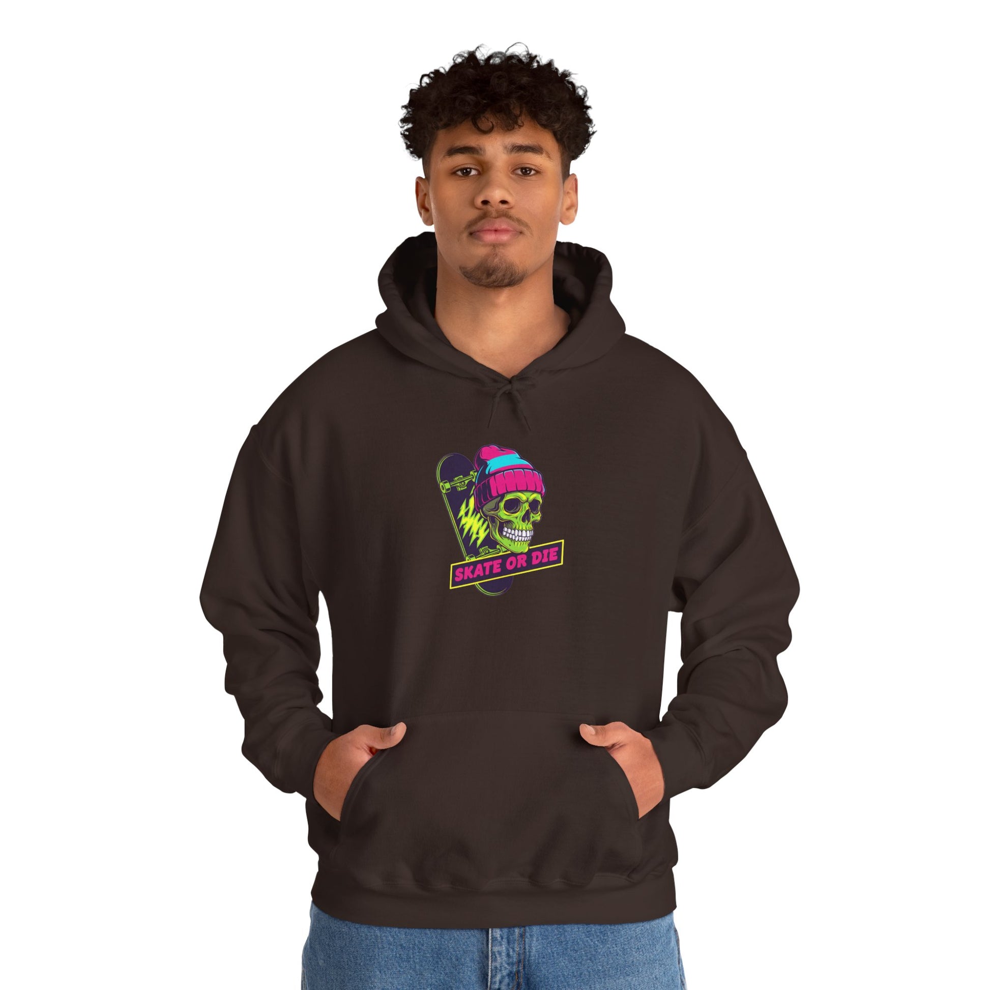 Skate or Die Skull Skateboard Hoodie — Neon Retro Skull Beanie Design Printify
