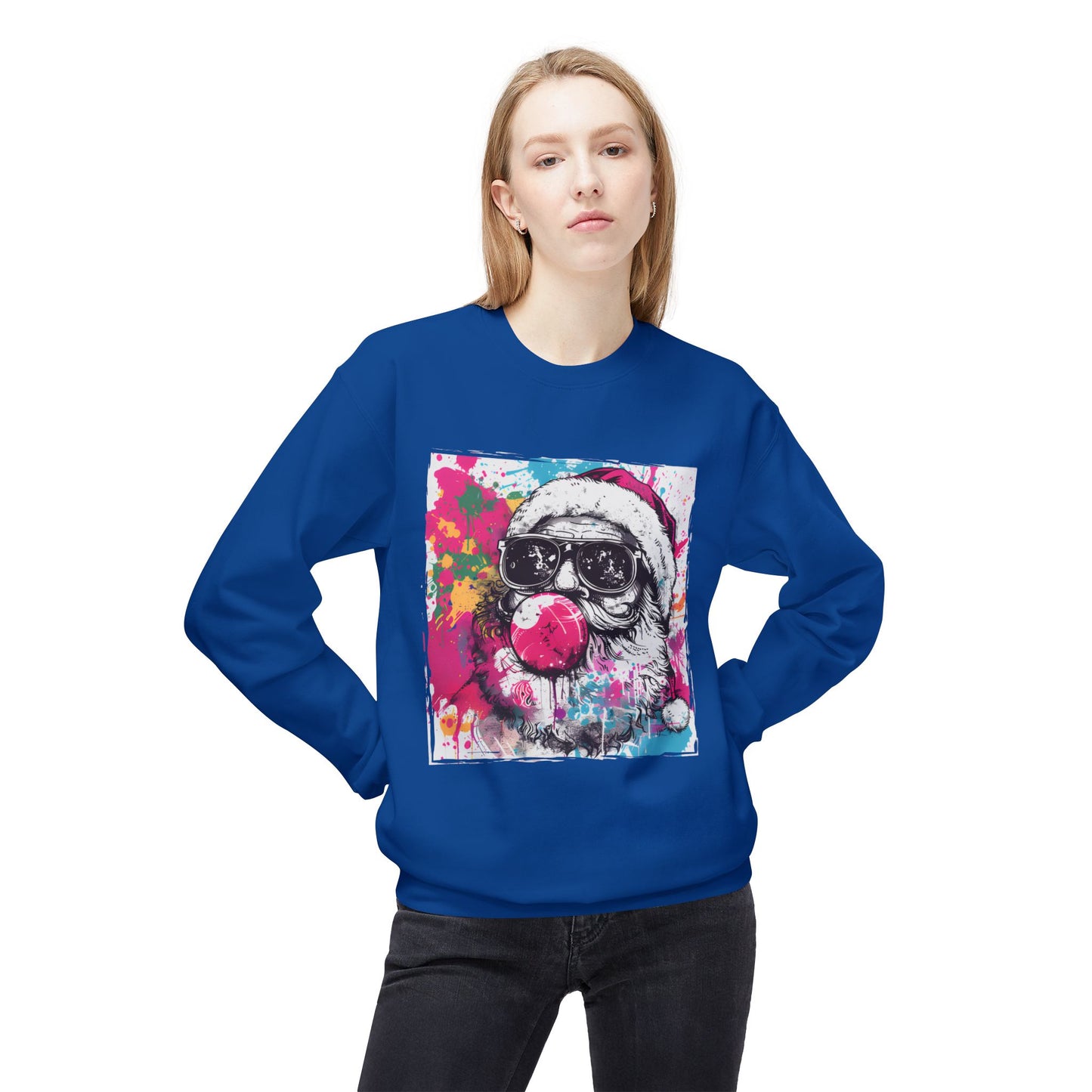 Skull Santa Bubblegum Sweatshirt – Colorful Holiday Graphic Crewneck Printify