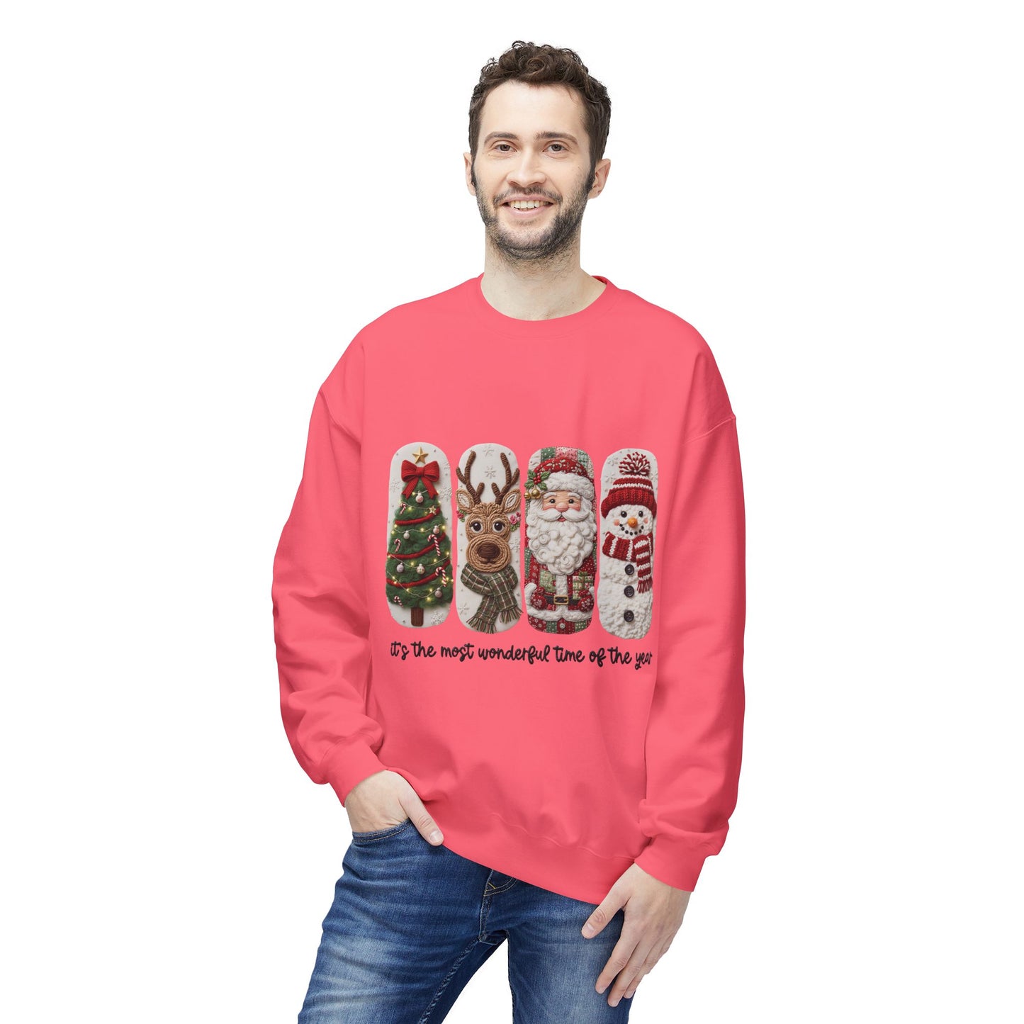 Christmas Crewneck Sweatshirt — Festive Tree Reindeer Santa Snowman Design Printify