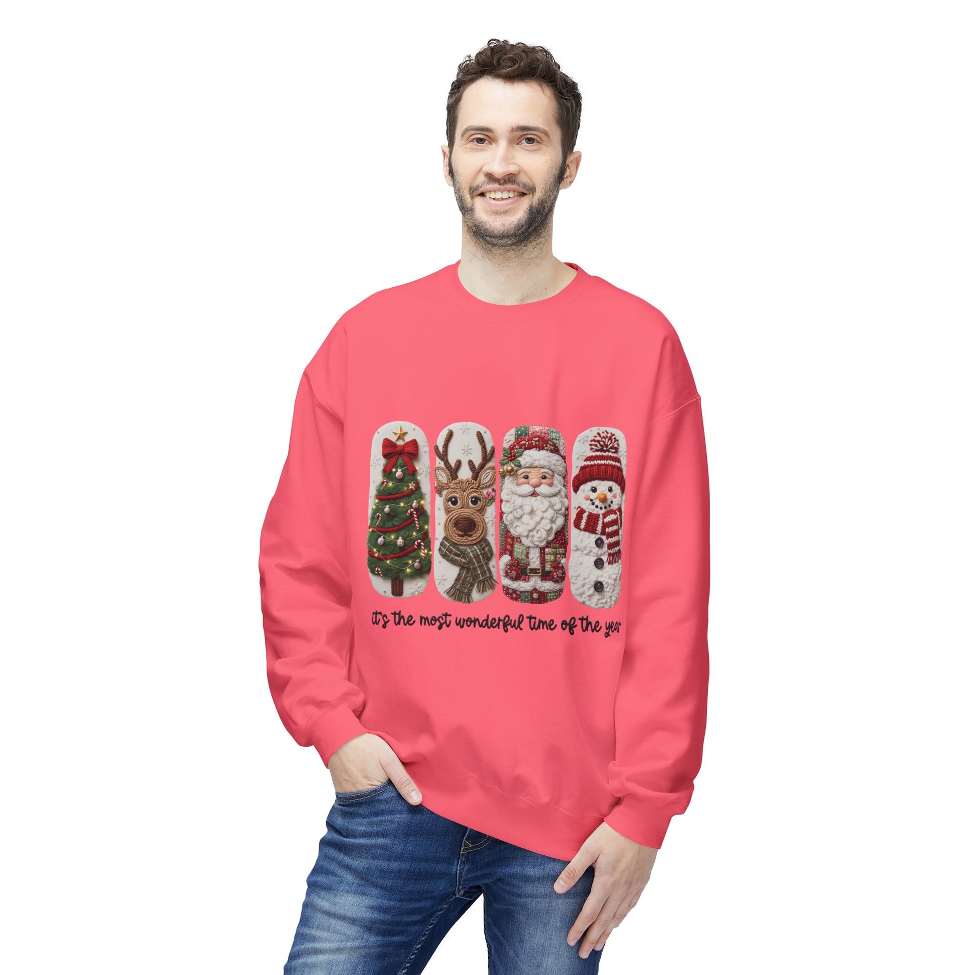 Christmas Crewneck Sweatshirt — Festive Tree Reindeer Santa Snowman Design Printify