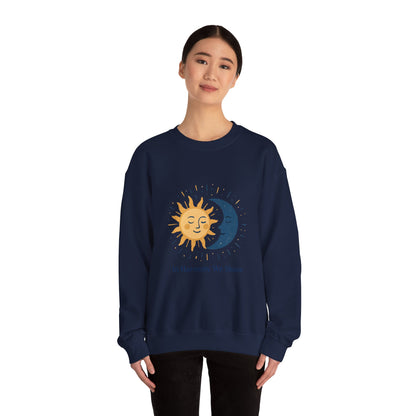 Sun and Moon Crewneck Sweatshirt — "In Harmony We Shine" Cozy Astrology Pullover Printify