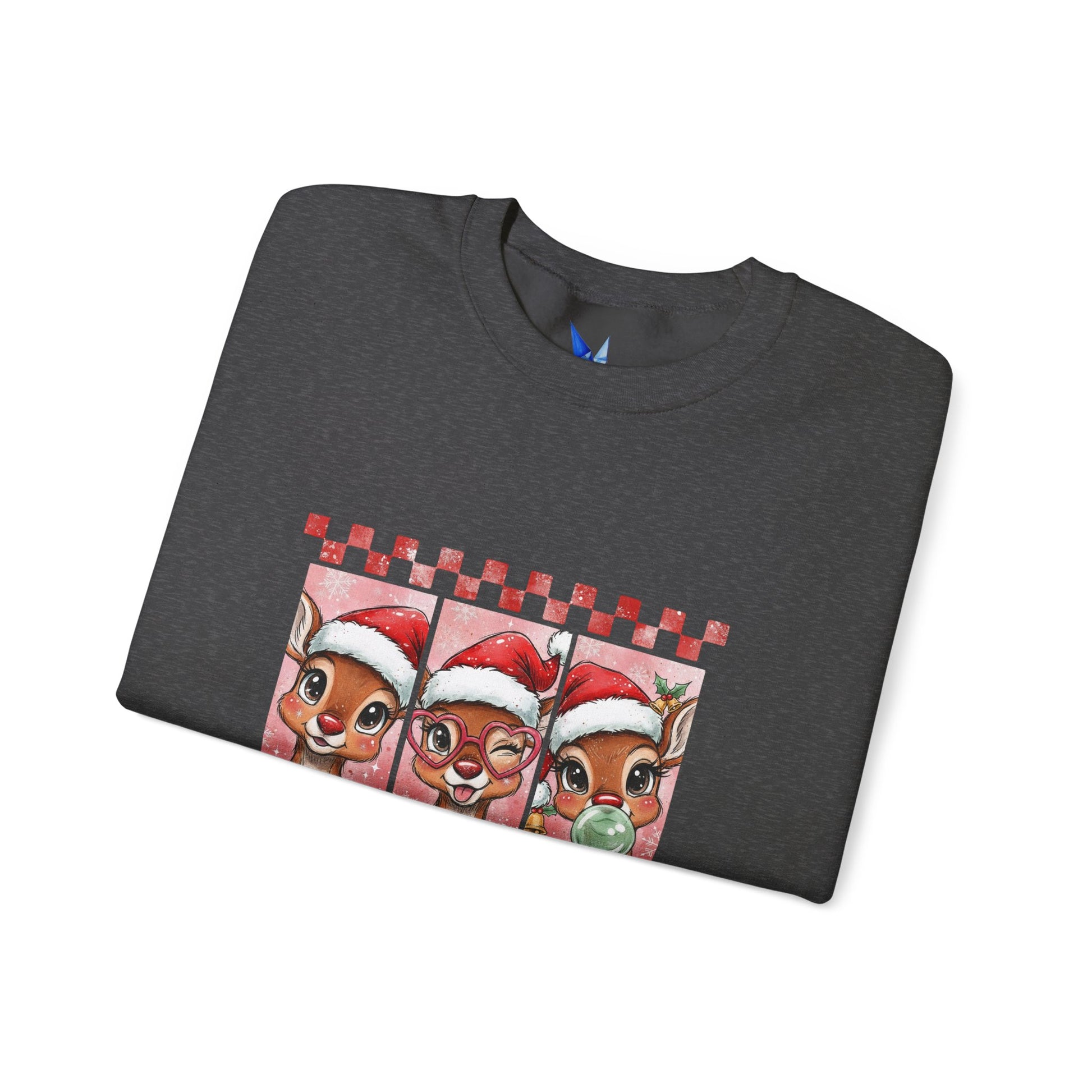 Christmas Reindeer Trio Crewneck Sweatshirt – Cute Santa Hat Holiday Sweater Printify