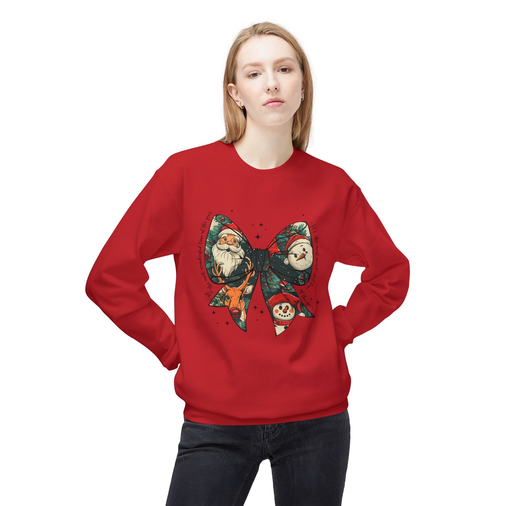 Christmas Bow Sweatshirt — Vintage Santa & Snowman Holiday Crewneck Printify
