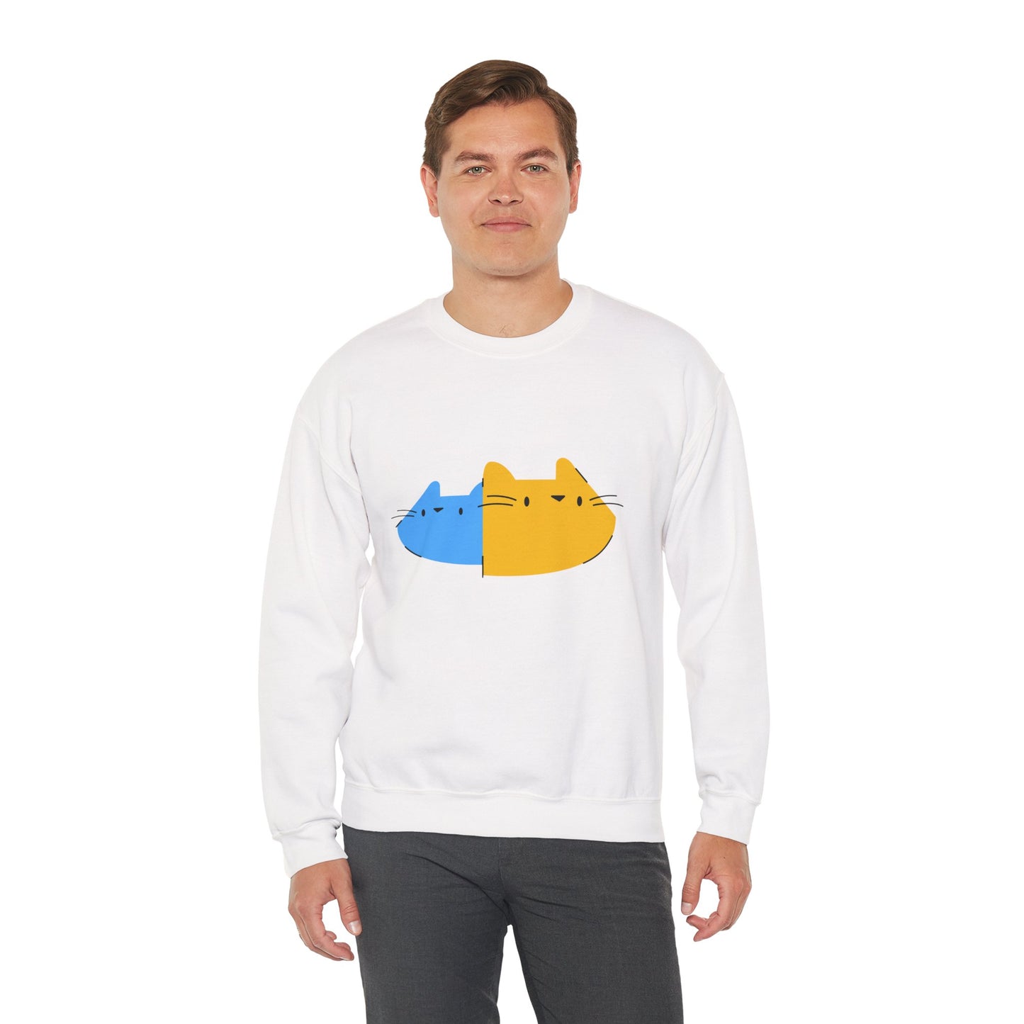 Cat Split Face Crewneck Sweatshirt – Cute Blue & Yellow Cat Graphic Printify