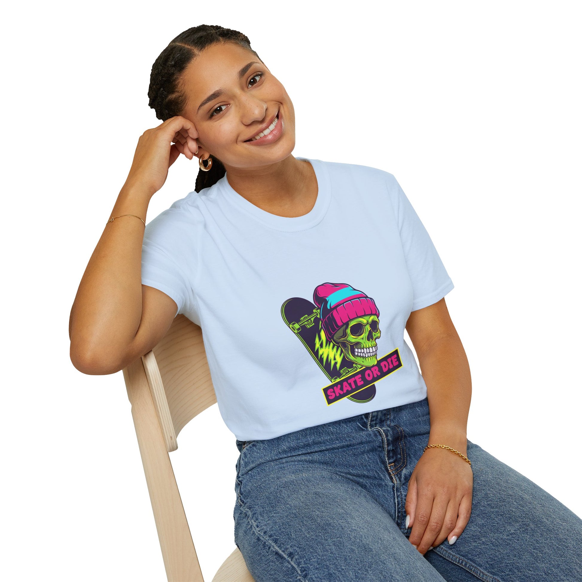 Skate or Die Skull T-Shirt — Neon Skateboard Graphic Tee Printify