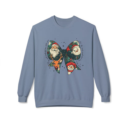 Christmas Bow Sweatshirt — Vintage Santa & Snowman Holiday Crewneck Printify