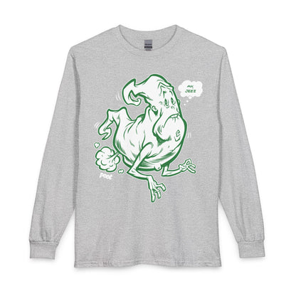 Ghostly Sneeze Long Sleeve T-Shirt — Playful Green Cartoon Spirit Design Printify