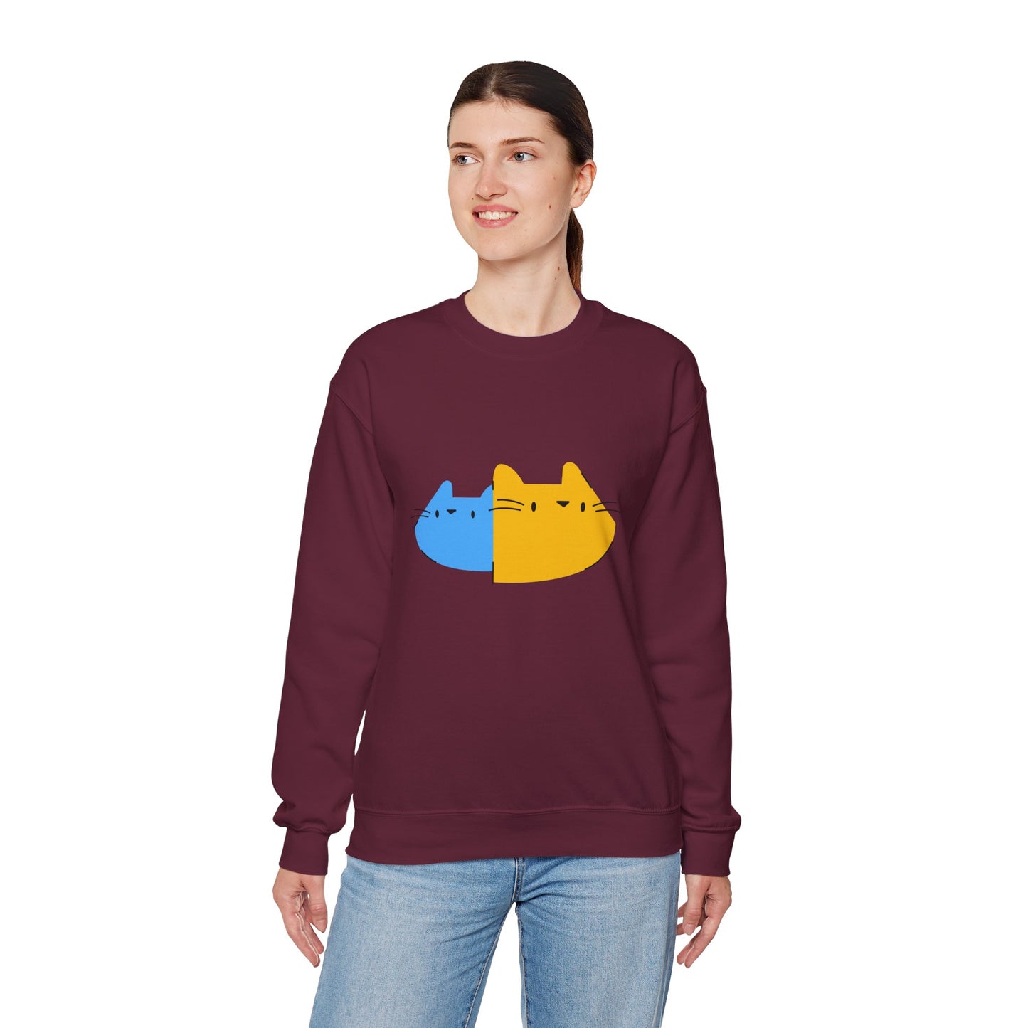 Cat Split Face Crewneck Sweatshirt – Cute Blue & Yellow Cat Graphic Printify