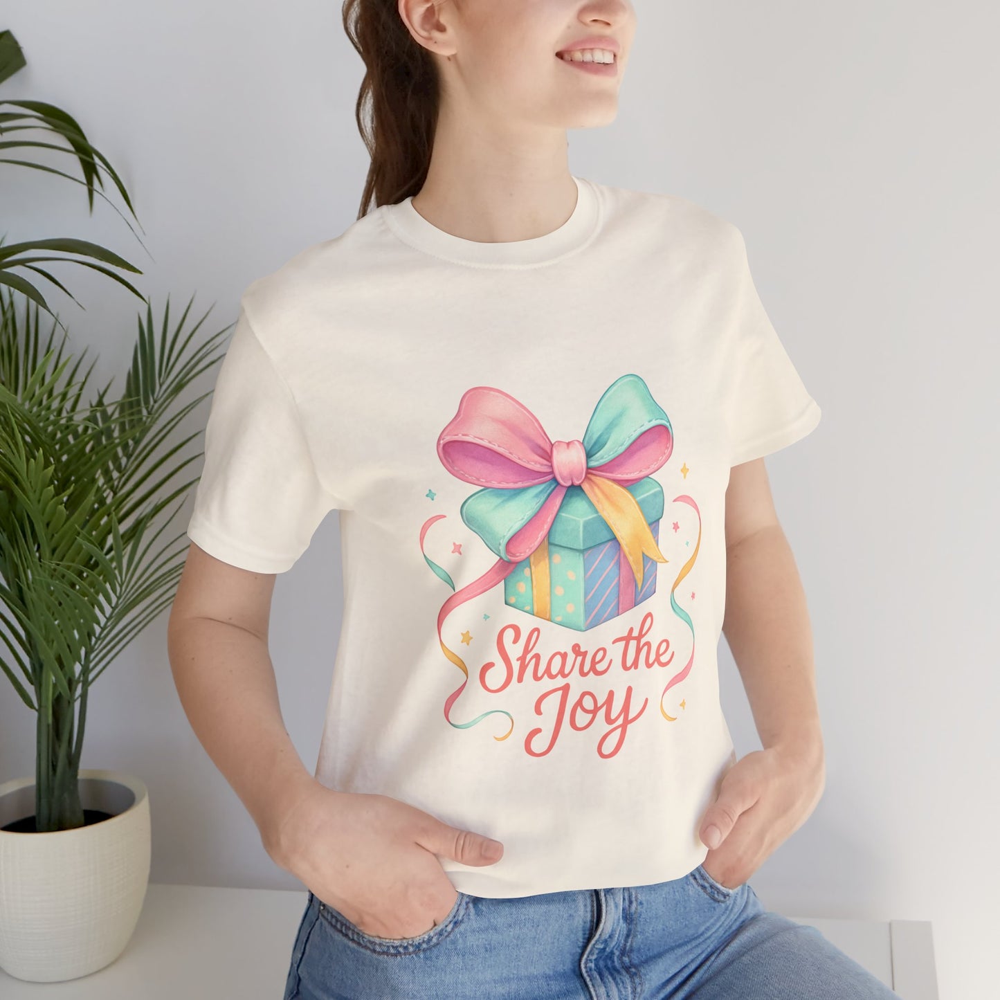 Share the Joy Gift Tee — Pastel Present Graphic T-Shirt Printify