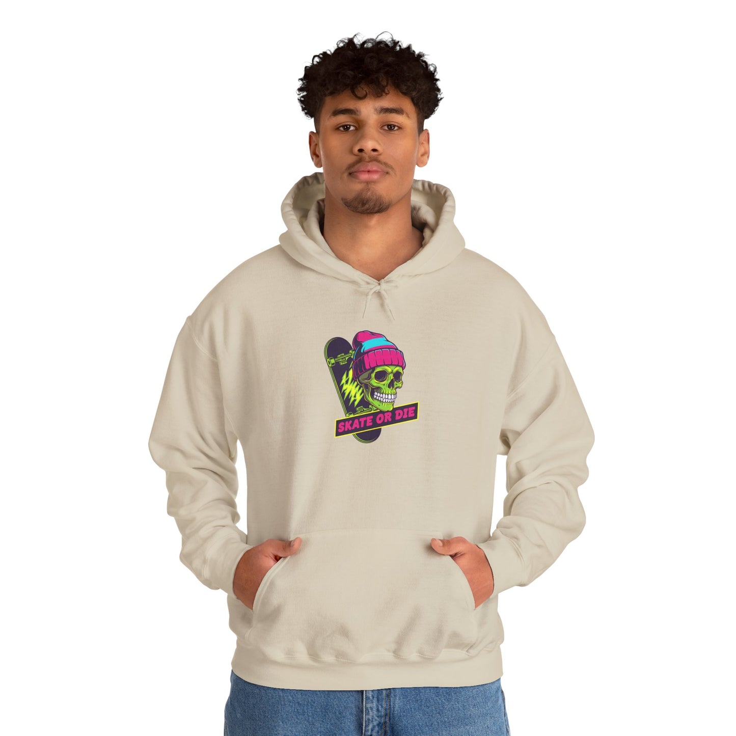 Skate or Die Skull Skateboard Hoodie — Neon Retro Skull Beanie Design Printify