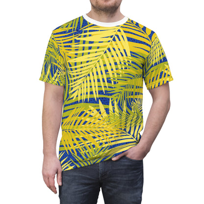 Tropical Palm Leaf All-Over Print Tee — Yellow & Blue Summer T-Shirt Printify