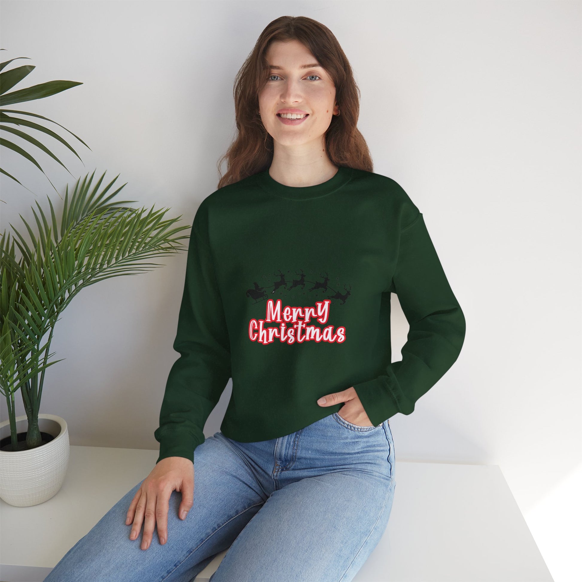 Christmas Crewneck Sweatshirt - 'Merry Christmas' Santa Sleigh Holiday Sweatshirt Printify