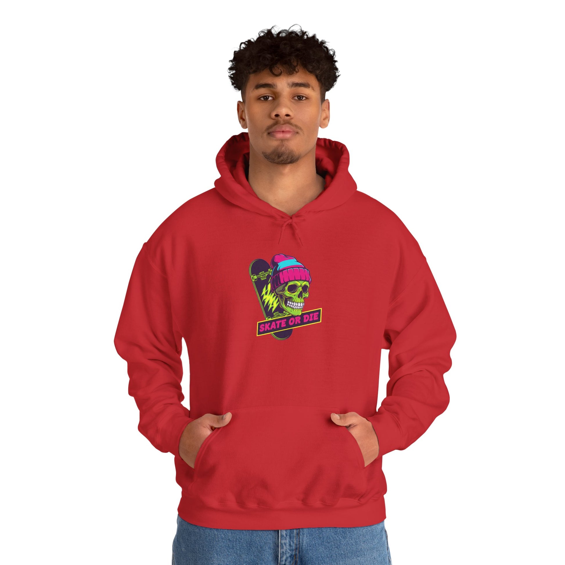 Skate or Die Skull Skateboard Hoodie — Neon Retro Skull Beanie Design Printify