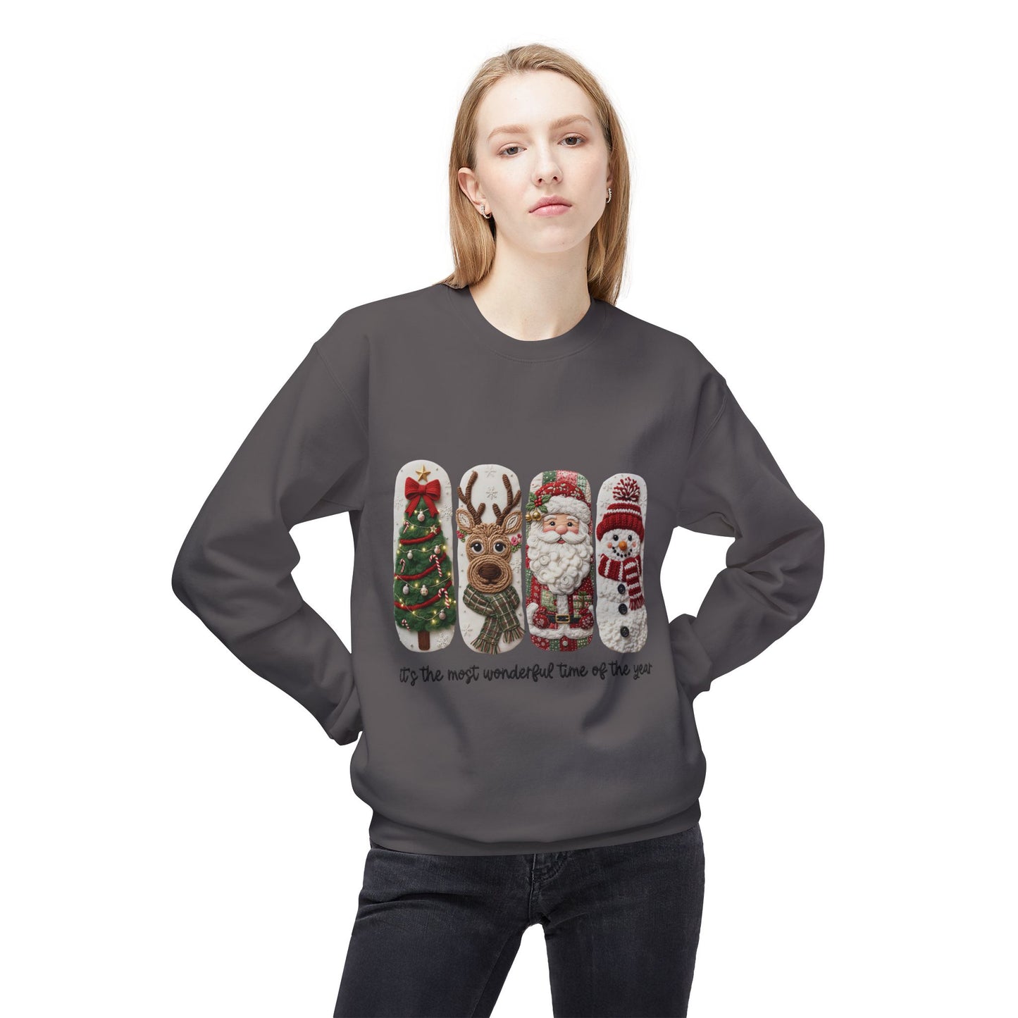 Christmas Crewneck Sweatshirt — Festive Tree Reindeer Santa Snowman Design Printify
