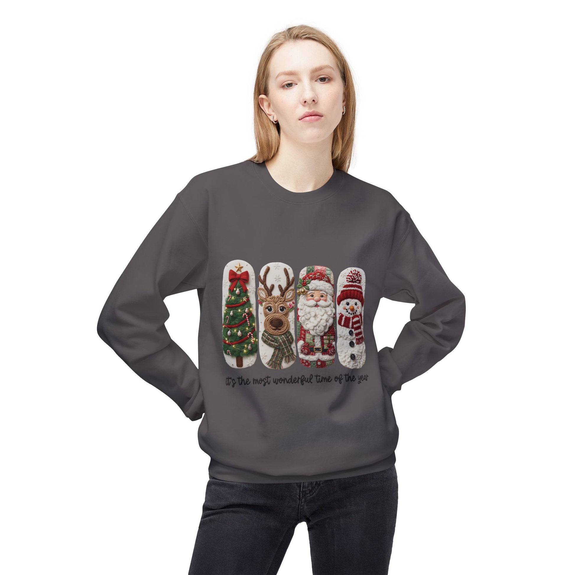 Christmas Crewneck Sweatshirt — Festive Tree Reindeer Santa Snowman Design Printify