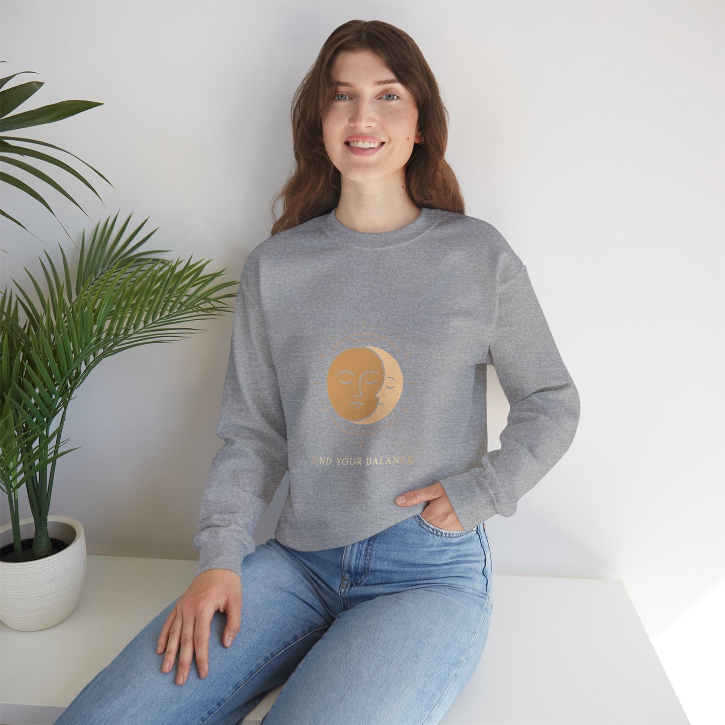 Minimalist Sun & Moon Face Crewneck Sweatshirt — Calm Vibes, Spiritual Graphic Printify
