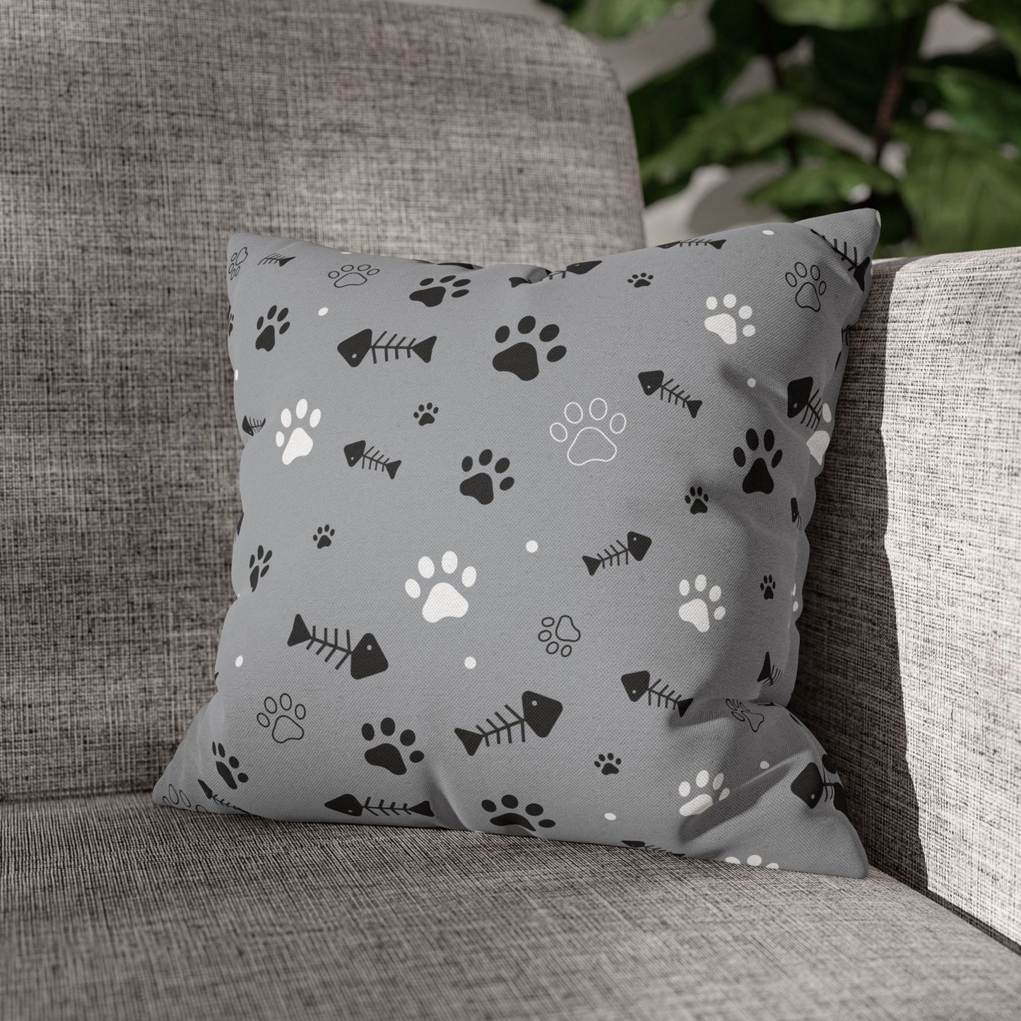 Cat Paw Print Decorative Pillowcase — Grey Fishbone & Paw Pattern Cushion Cover Printify