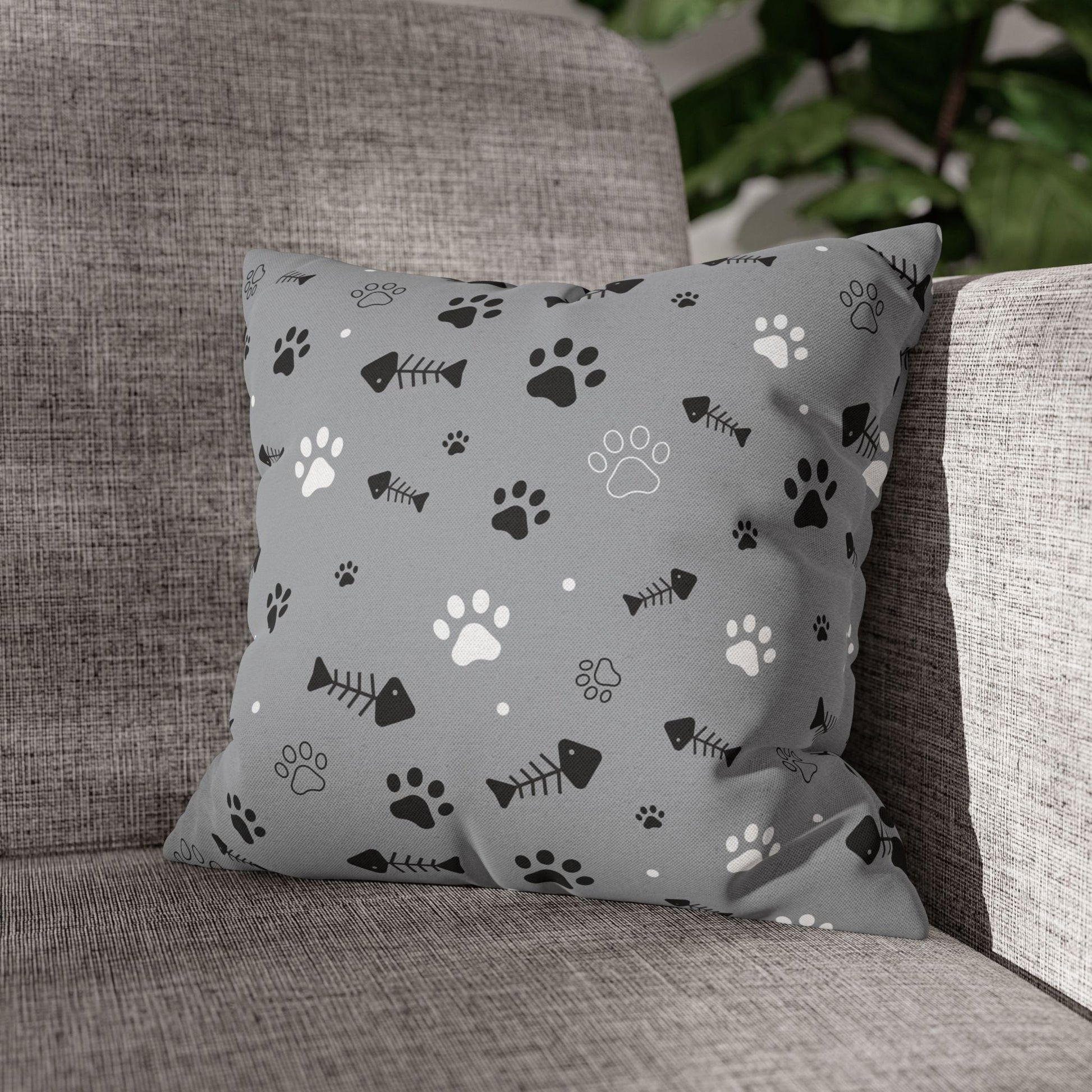 Cat Paw Print Decorative Pillowcase — Grey Fishbone & Paw Pattern Cushion Cover Printify