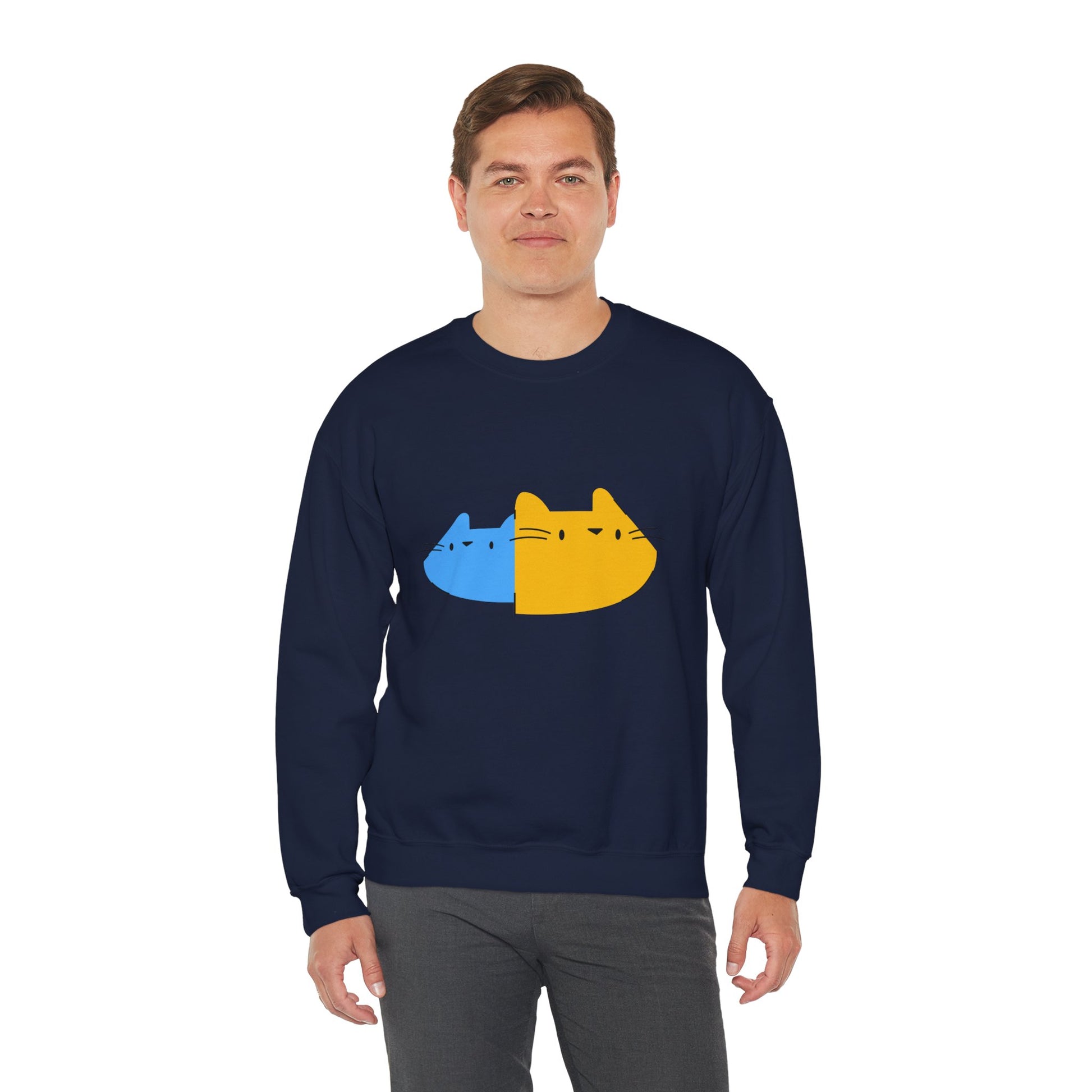 Cat Split Face Crewneck Sweatshirt – Cute Blue & Yellow Cat Graphic Printify