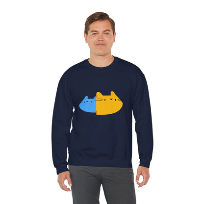 Cat Split Face Crewneck Sweatshirt – Cute Blue & Yellow Cat Graphic Printify