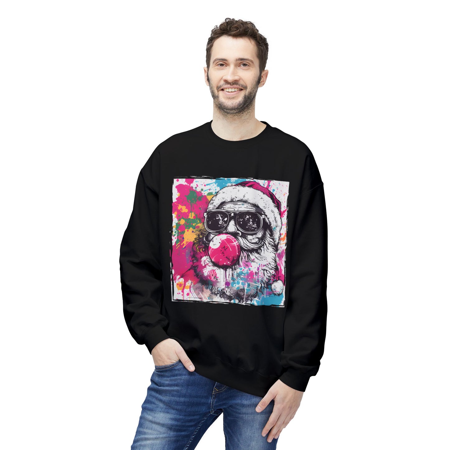 Skull Santa Bubblegum Sweatshirt – Colorful Holiday Graphic Crewneck Printify