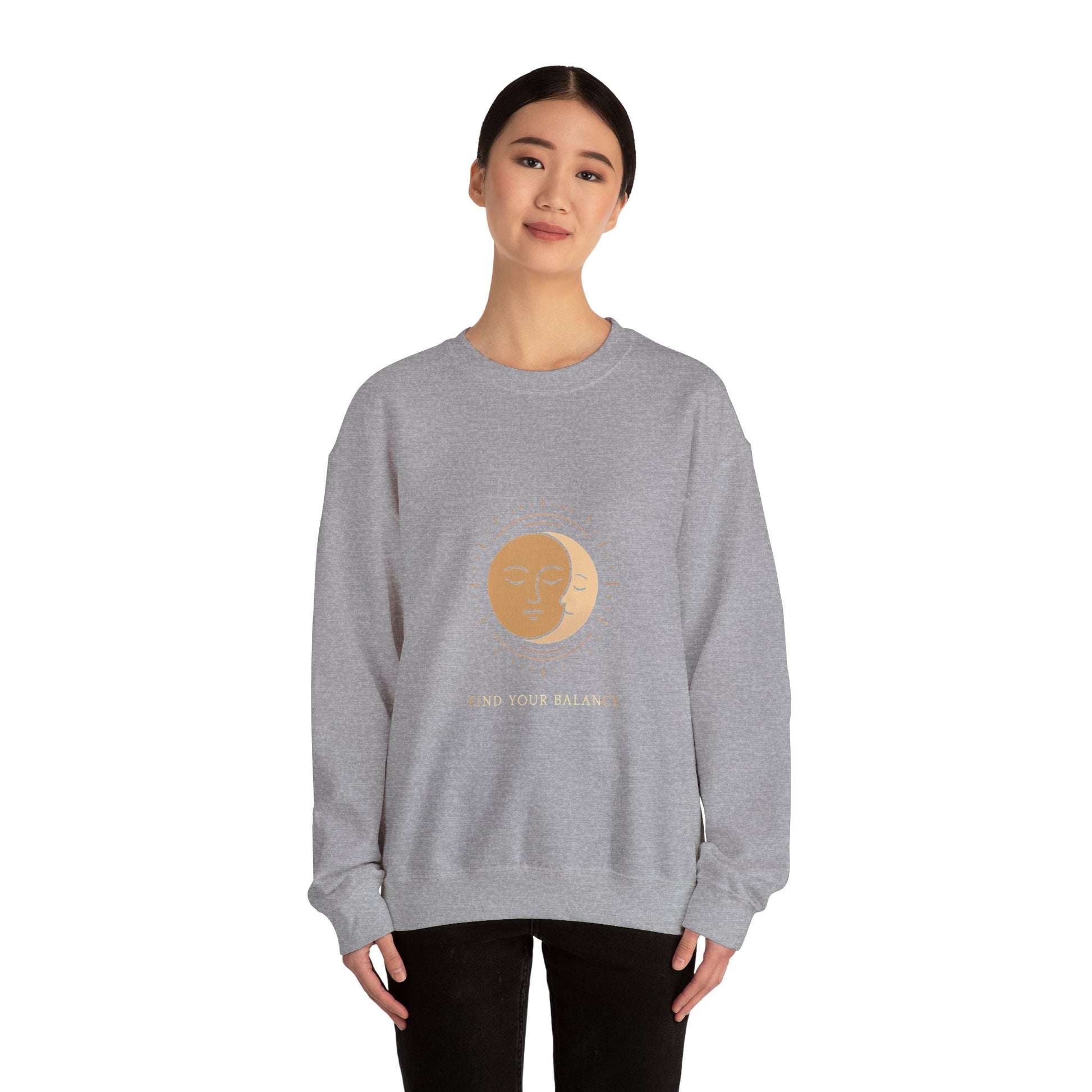 Minimalist Sun & Moon Face Crewneck Sweatshirt — Calm Vibes, Spiritual Graphic Printify