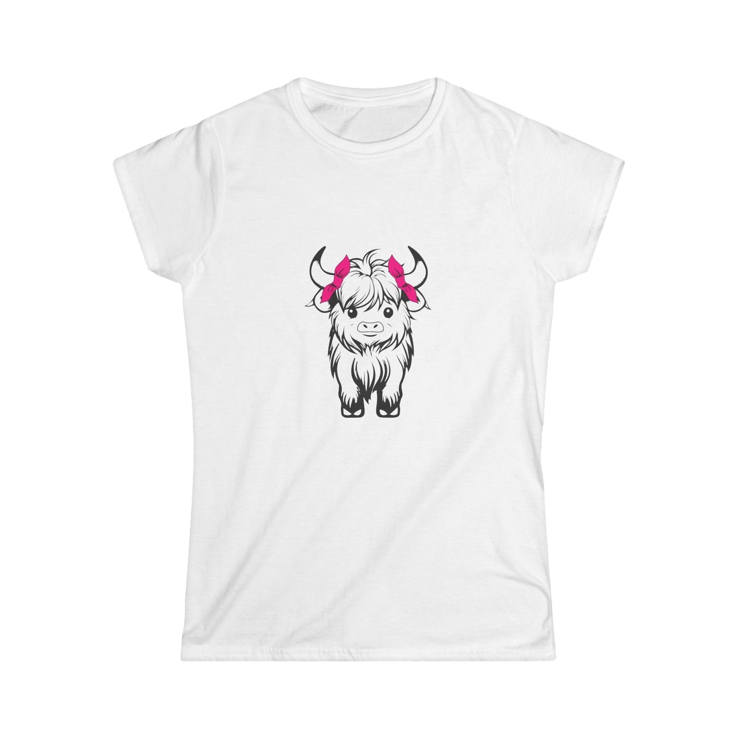 Highland Cow Tee — Cute Yak Illustration Women's T-Shirt with Pink Horn Bows Printify
