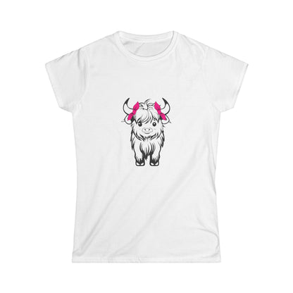 Highland Cow Tee — Cute Yak Illustration Women's T-Shirt with Pink Horn Bows Printify