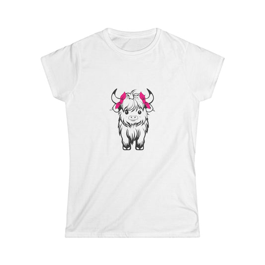 Highland Cow Tee — Cute Yak Illustration Women's T-Shirt with Pink Horn Bows Printify