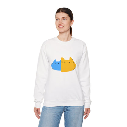 Cat Split Face Crewneck Sweatshirt – Cute Blue & Yellow Cat Graphic Printify