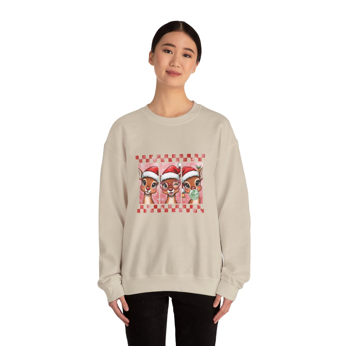 Christmas Reindeer Trio Crewneck Sweatshirt – Cute Santa Hat Holiday Sweater Printify