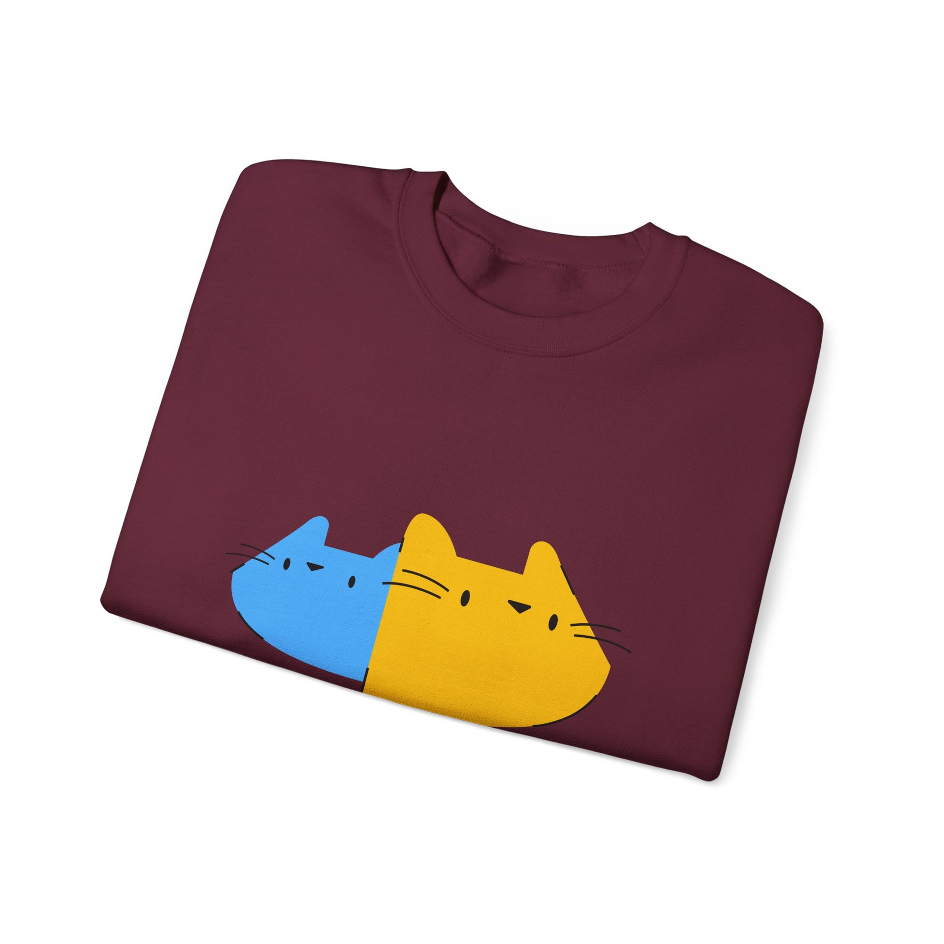 Cat Split Face Crewneck Sweatshirt – Cute Blue & Yellow Cat Graphic Printify